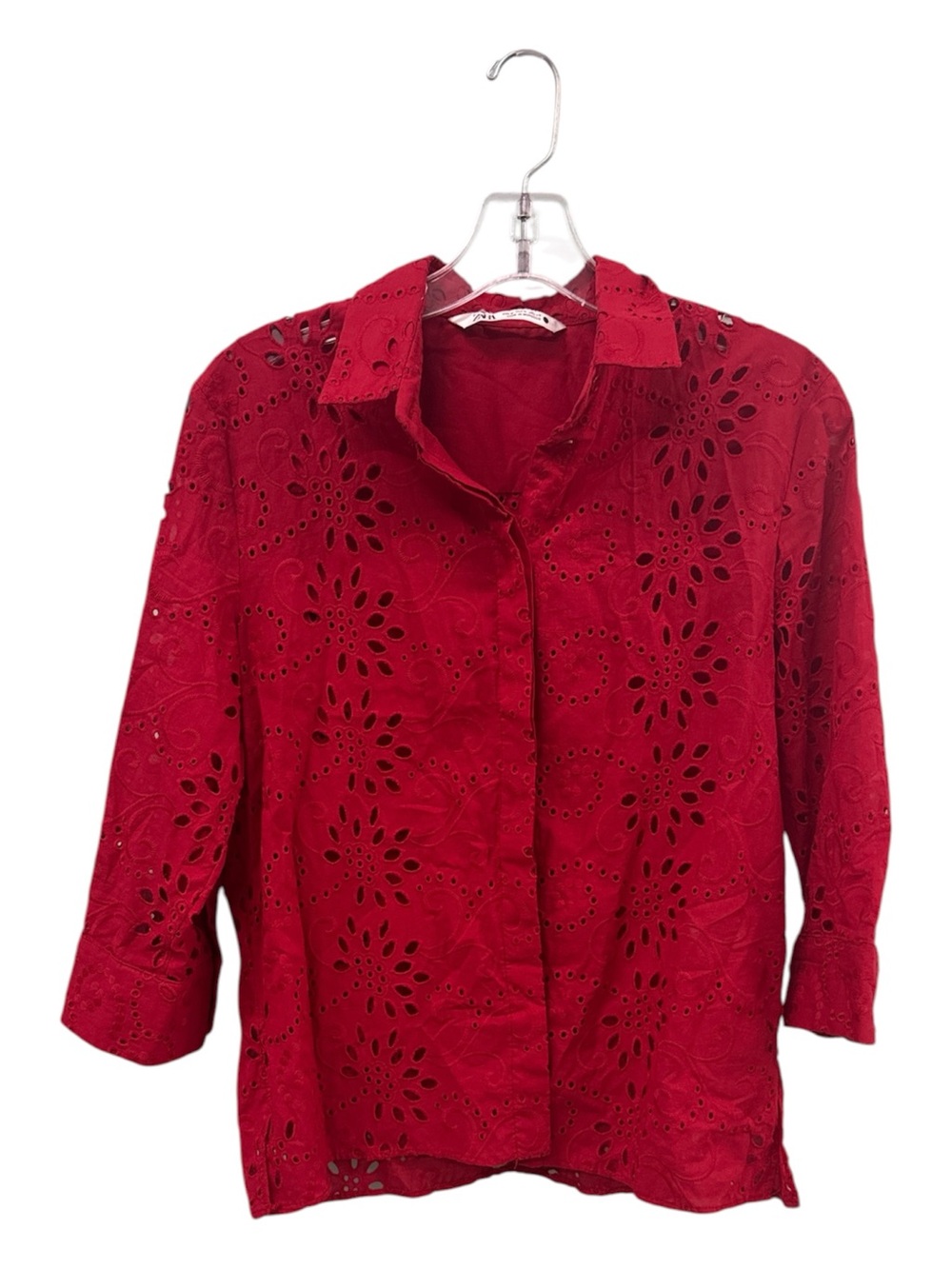 Zara Red Eyelet Button-Down Shirt